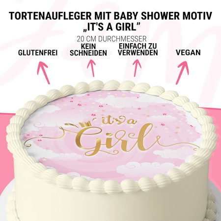 Baby Shower Girl cake topper edible wafer round 20 cm premium, vegan, gluten-free, cut