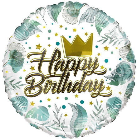 Eco Foil Balloon Round, Happy Birthday Crown Leaves 46cm