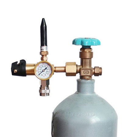Helium tank regulator, with gauge, valve, quick connector, needle, cutter.