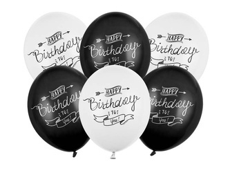 Geburtstagsballons, Happy Birthday schwarz-weiß 30cm, 6 Stk.