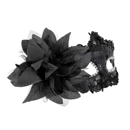 Karnevalsmaske mit Pailletten und Blume schwarz 16x10cm