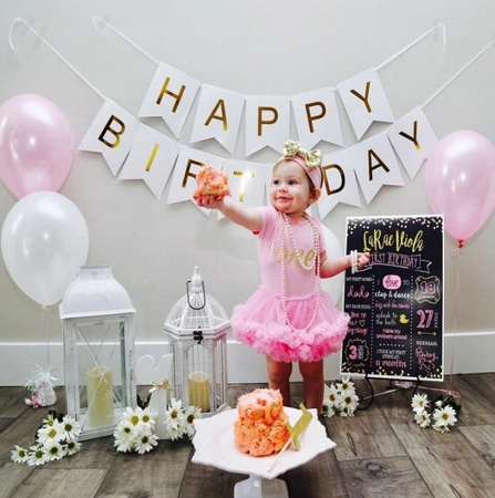 Birthday Garland Happy Birthday white, golden inscription
