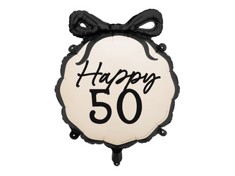 Runder Folienballon mit Schleife „Happy 50“ – Schwarz-Beige