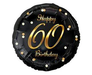 Happy 60th Birthday Folienballon, schwarz-gold bedruckt, 46 cm