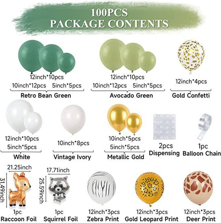 Forest-themed green balloon garland, 100 pieces.