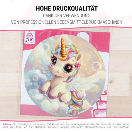 Unicorn cake topper edible wafer round 20 cm premium, vegan, gluten-free, cut