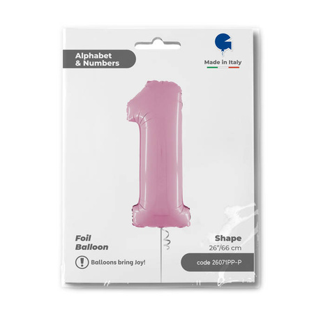 Foil Balloon Number 1 Pink Pastel Pink, 66 cm Grabo