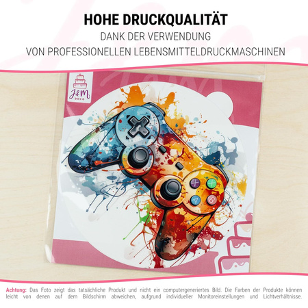 Bunter Gamer Controller Tortenaufleger rund 20 cm premium, vegan, glutenfrei, zugeschnitten