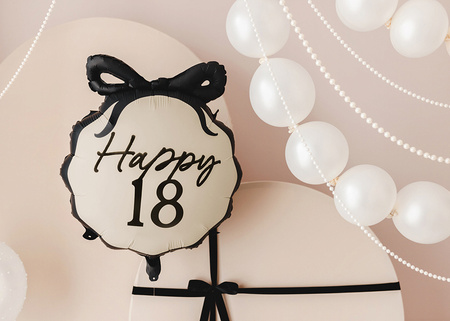 Runder Folienballon mit Schleife „Happy 18“ – Schwarz-Beige