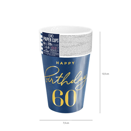 Happy Birthday cups 60, navy blue 220ml 6 pcs.