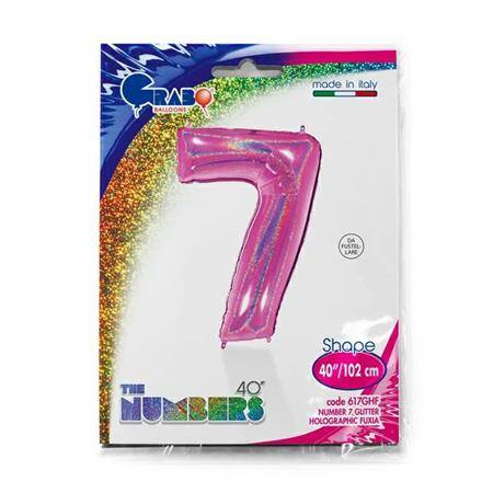 Foil balloon Cyfra 7, Holographic fussy roses 102 cm Grabo