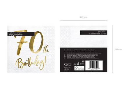 Napkins '70th Birthday' for 70th birthday, white, 33x33cm (1 op. / 20 pcs)