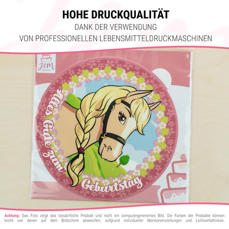 Rosa Pony Tortenaufleger rund 20 cm premium, vegan, glutenfrei, zugeschnitten
