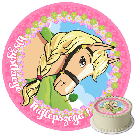 Pink Pony cake topper edible wafer round 20 cm premium, vegan, gluten-free, cut