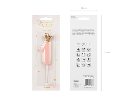 Birthday candle number 1 with crown, bright pink
