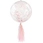 Transparent balloon with pink and red confetti and fringes, 45 cm