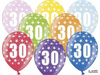 Latex balloons with number '30', 30cm metallic mix various colors (1 op. / 6 pcs.)