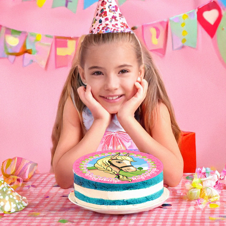 Pink Pony cake topper edible wafer round 20 cm premium, vegan, gluten-free, cut