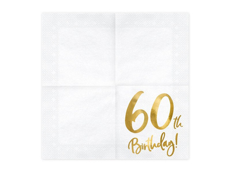 '60th Birthday' napkins for 60th birthday, white, 33x33cm (1 op. / 20 pcs)