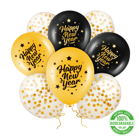 Biologisch abbaubare Happy New Year Ballons Schwarz-Gold – 8er-Set