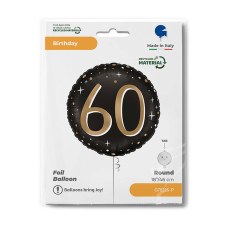 Foil Balloon, Round, 60th Birthday, Black-Gold, 46 cm
