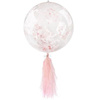 Transparent balloon with pink and red confetti and fringes, 45 cm