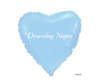 Blue, heart-shaped foil balloon with a custom message