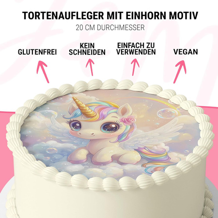 Unicorn cake topper edible wafer round 20 cm premium, vegan, gluten-free, cut