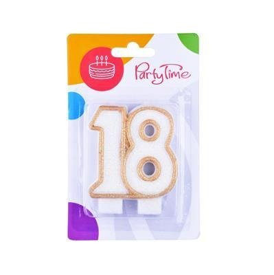 Candle for 18th birthday, white with a golden border, 7.5 cm