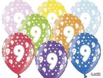 Latex balloons printed with '9' for birthdays, Metallic Mix, 30cm, 6 pcs.