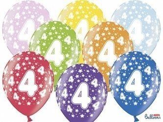 Latex balloons printed with '4' for birthdays, Metallic Mix, 30cm, 6 pcs.