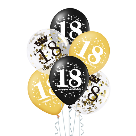 A set of balloons for 18th birthday, black and gold, 6 items