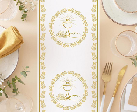 Table Runner First Holy Communion, White - Gold, 33x200 cm