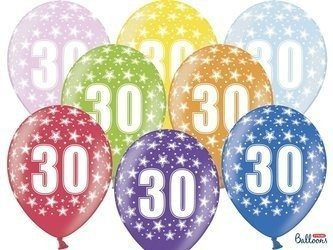 Latexballons mit der Zahl '30', 30 cm, metallisch, Mix aus verschiedenen Farben (1 Pk. / 6 Stk.)