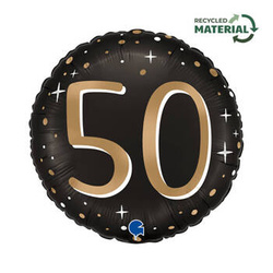 Folienballon, rund, 50. Geburtstag, Achtzehn, Schwarz-Gold, 46 cm