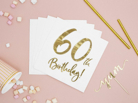 '60th Birthday' napkins for 60th birthday, white, 33x33cm (1 op. / 20 pcs)